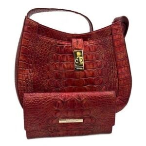 Brahmin Red Croc Embossed Leather Shoulder Bag and Wallet Set Registration Cards